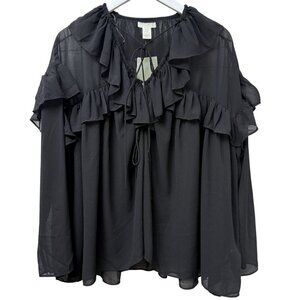 H&M Ruffle Blouse Black XS Oversized Chiffon Peasant Poet Flowy Top NWT
